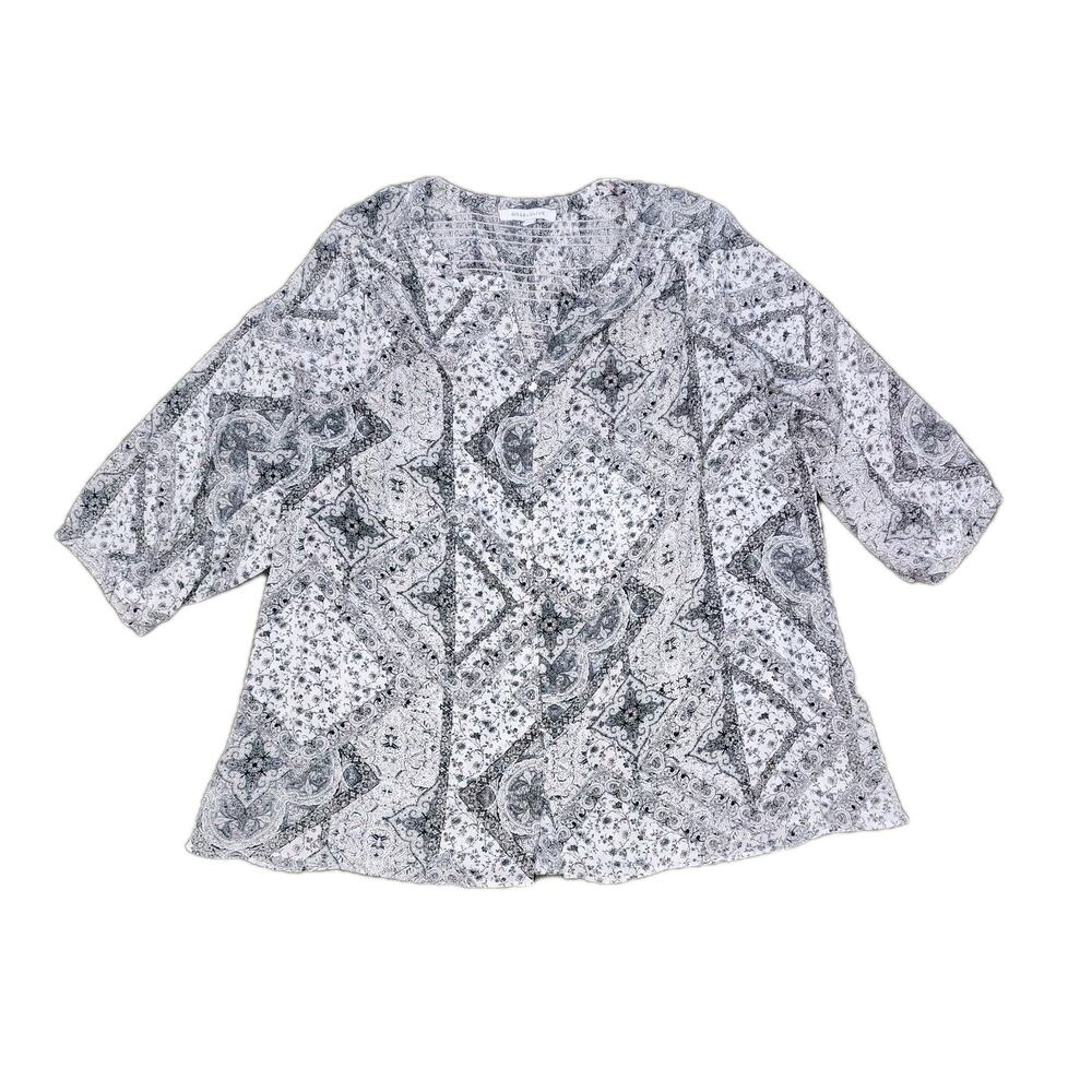 Rose + Olive Womens 1X Blk/Wht Boho Abstract Tunic 3/4 Length Sleeves V Neck